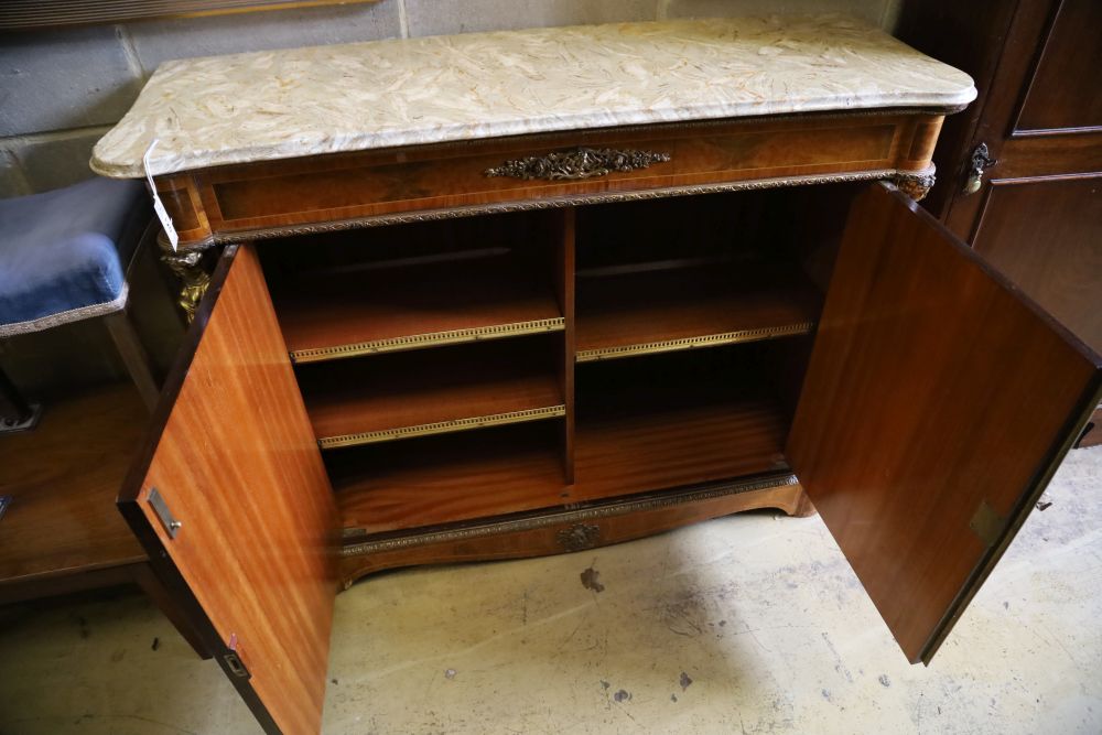 A Louis XV design marble top, gilt metal mounted, kingwood and birds eye maple side cabinet, width 126cm, depth 42cm, height 102cm